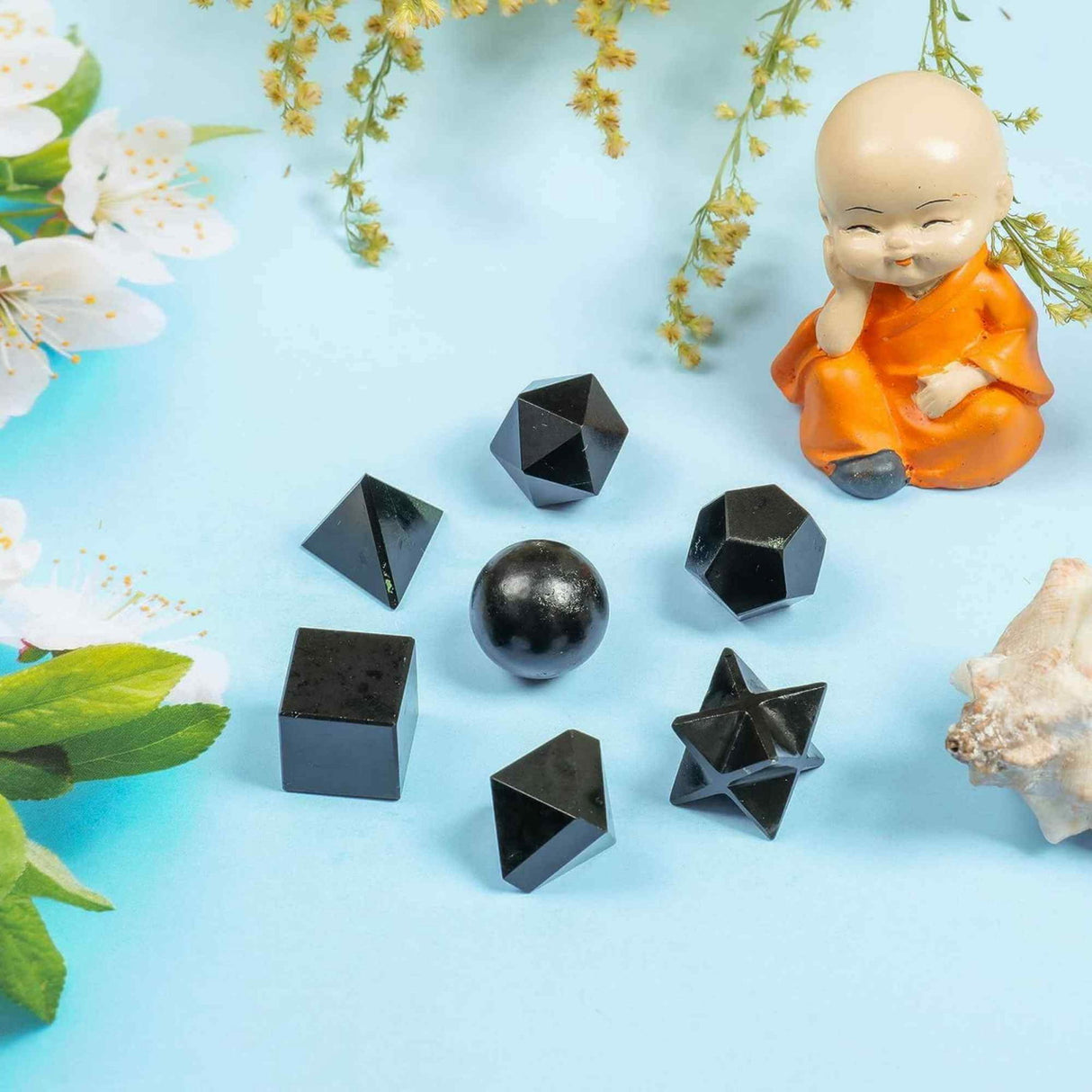 Set de Geometrie pentru cele 7 chakre cu Turmalina Neagra, Cristale Reiki si Talismane pentru Noroc - Cadoul Ideal pentru Casa Noua si Echilibrare Spirituala