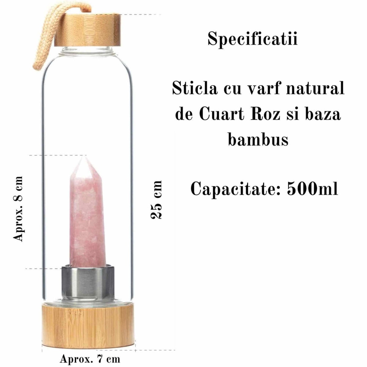 Sticla pentru apa cu varf cristal Cuart Roz si Bambus - Capacitate 500 ml si include husa de protectie neagra
