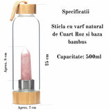 Sticla pentru apa cu varf cristal Cuart Roz si Bambus - Capacitate 500 ml si include husa de protectie neagra
