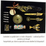 Set Stilou Pana neagra Steampunk cu Accesorii Complete - Caligrafie, Sigilii si Cadou Premium