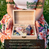Set premium cu cristale, pietre naturale si piramida orgonica in cutie de lemn - 11 piese pentru meditatie, spiritualitate, echilibrarea chakrelor – Piramida orgonica chakra , pendul chakra, cuart roz