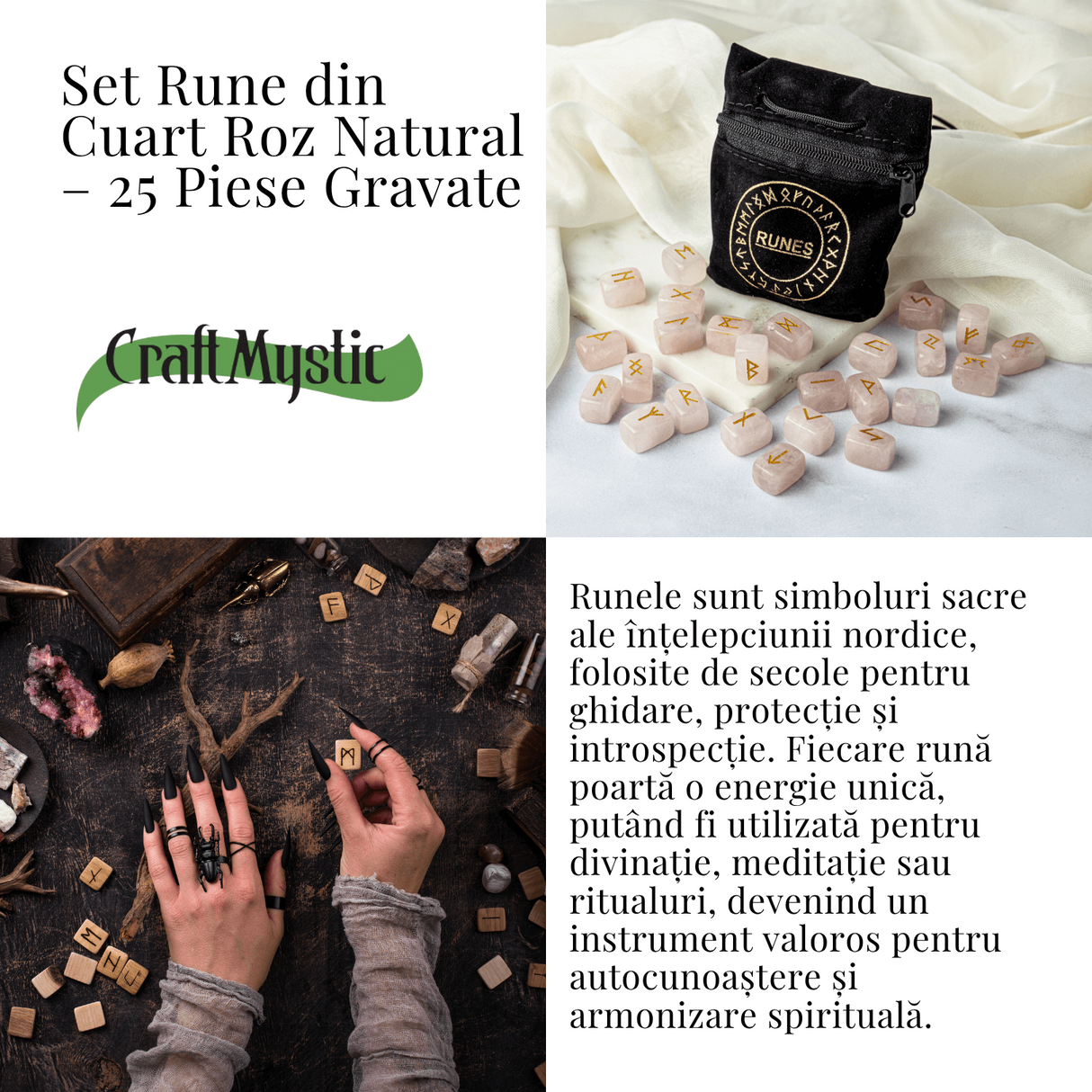 Set Rune din Cuart Roz Natural – Iubire, Claritate si Armonie Interioara