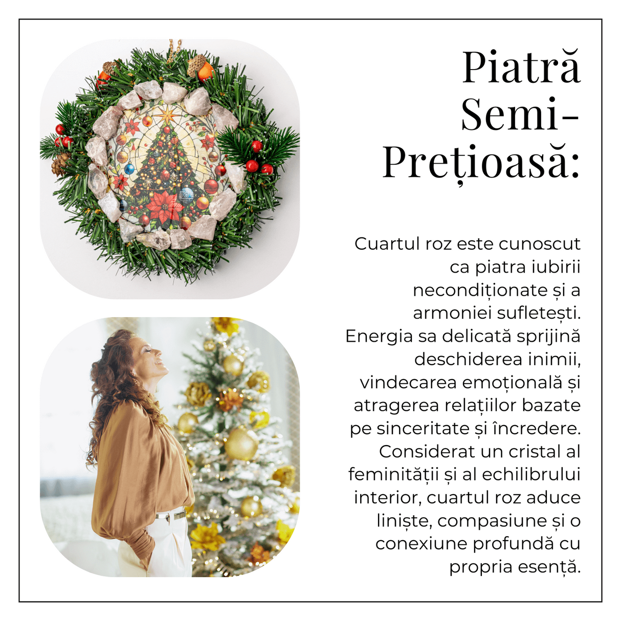 Coronita de Craciun cu Cuart Roz Brut - Armonie, Iubire si Magie Festiva