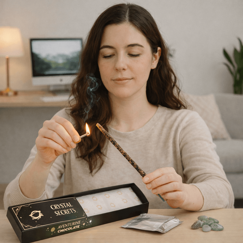 Smudge Kit cu Aventurin Verde si Betisoare Parfumate cu Ciocolata pentru Prosperitate si Echilibru