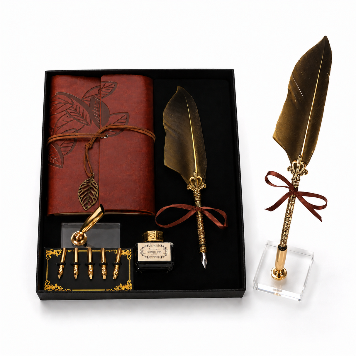 Set Stilou cu Penita si Pana Aurie in Cutie Cadou – Eleganta Vintage si Inspiratie pentru Scris