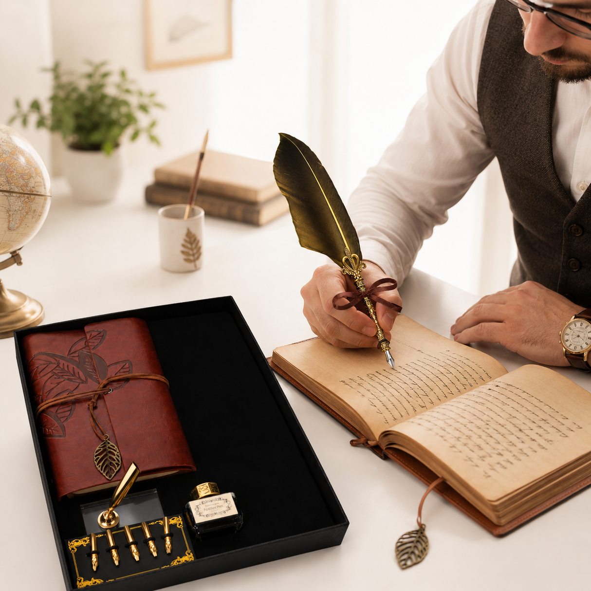 Set Stilou cu Penita si Pana Aurie in Cutie Cadou – Eleganta Vintage si Inspiratie pentru Scris