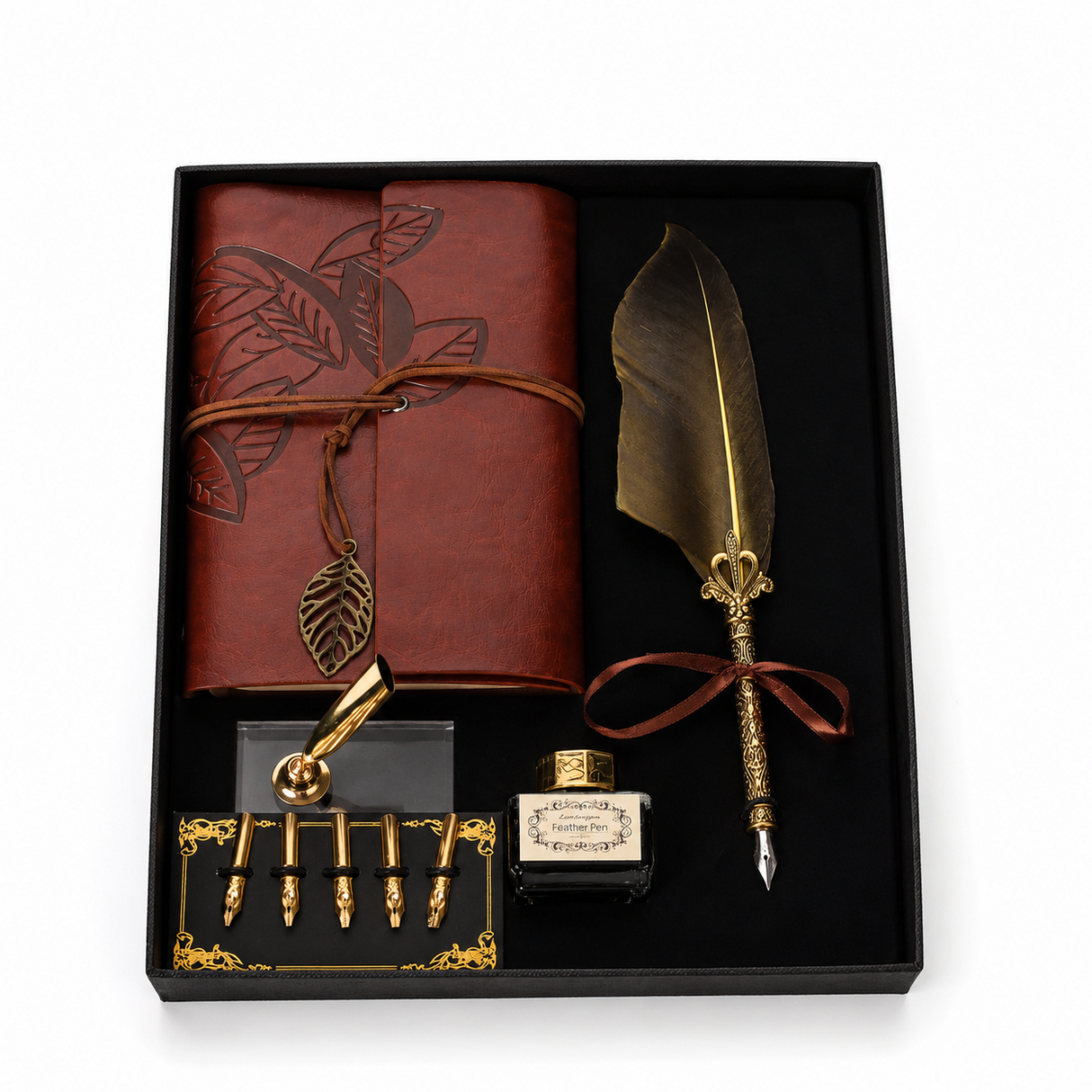 Set Stilou cu Penita si Pana Aurie in Cutie Cadou – Eleganta Vintage si Inspiratie pentru Scris