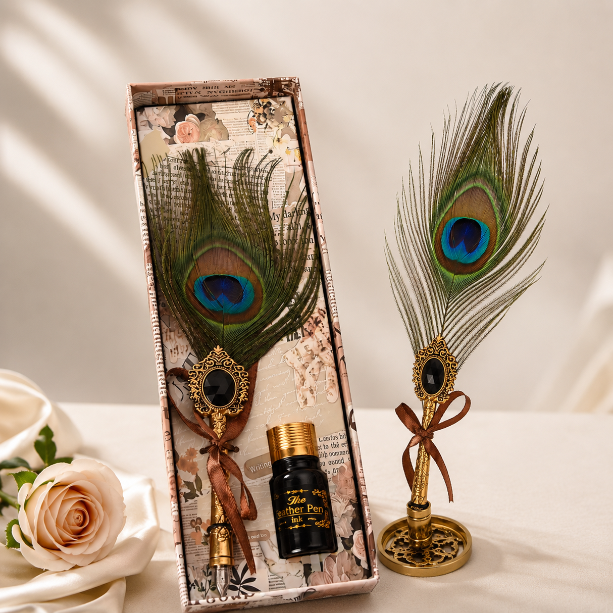 Set Stilou cu Penita si Pana in Cutie Cadou – Eleganta Vintage si Inspiratie Creativa