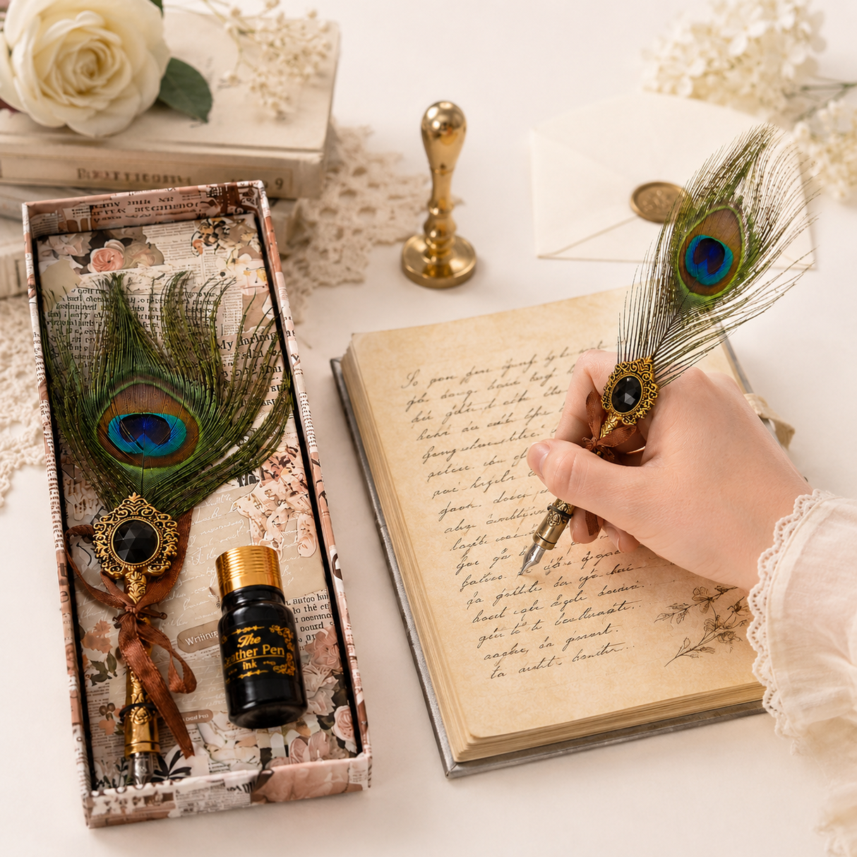 Set Stilou cu Penita si Pana in Cutie Cadou – Eleganta Vintage si Inspiratie Creativa