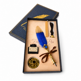 Set Stilou cu Penita si Pana Albastru-Auriu – Cadou Elegant pentru Scris Creativ