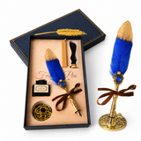 Set Stilou cu Penita si Pana Albastru-Auriu – Cadou Elegant pentru Scris Creativ