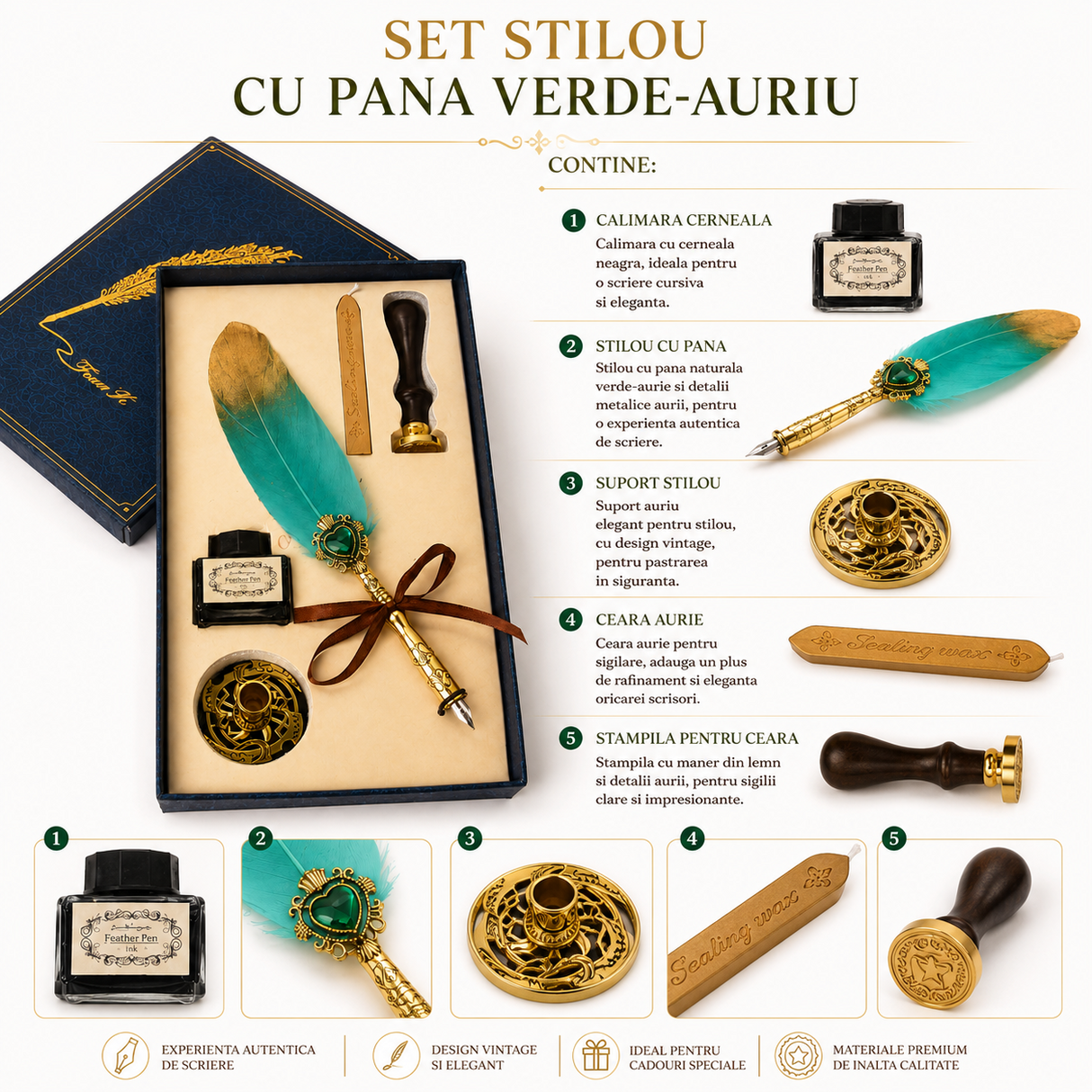 Set Stilou cu Penita si Pana Verde-Auriu, Ceara si Stampila – Cadou Elegant pentru Pasionatii de Scris