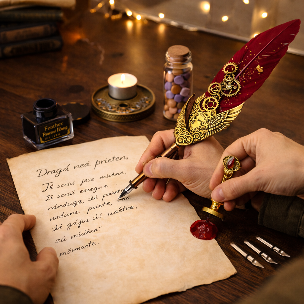 Set Pana rosie cu penita si mini Jurnal – Scris Artistic, Sigilii si Cadou Caligrafie