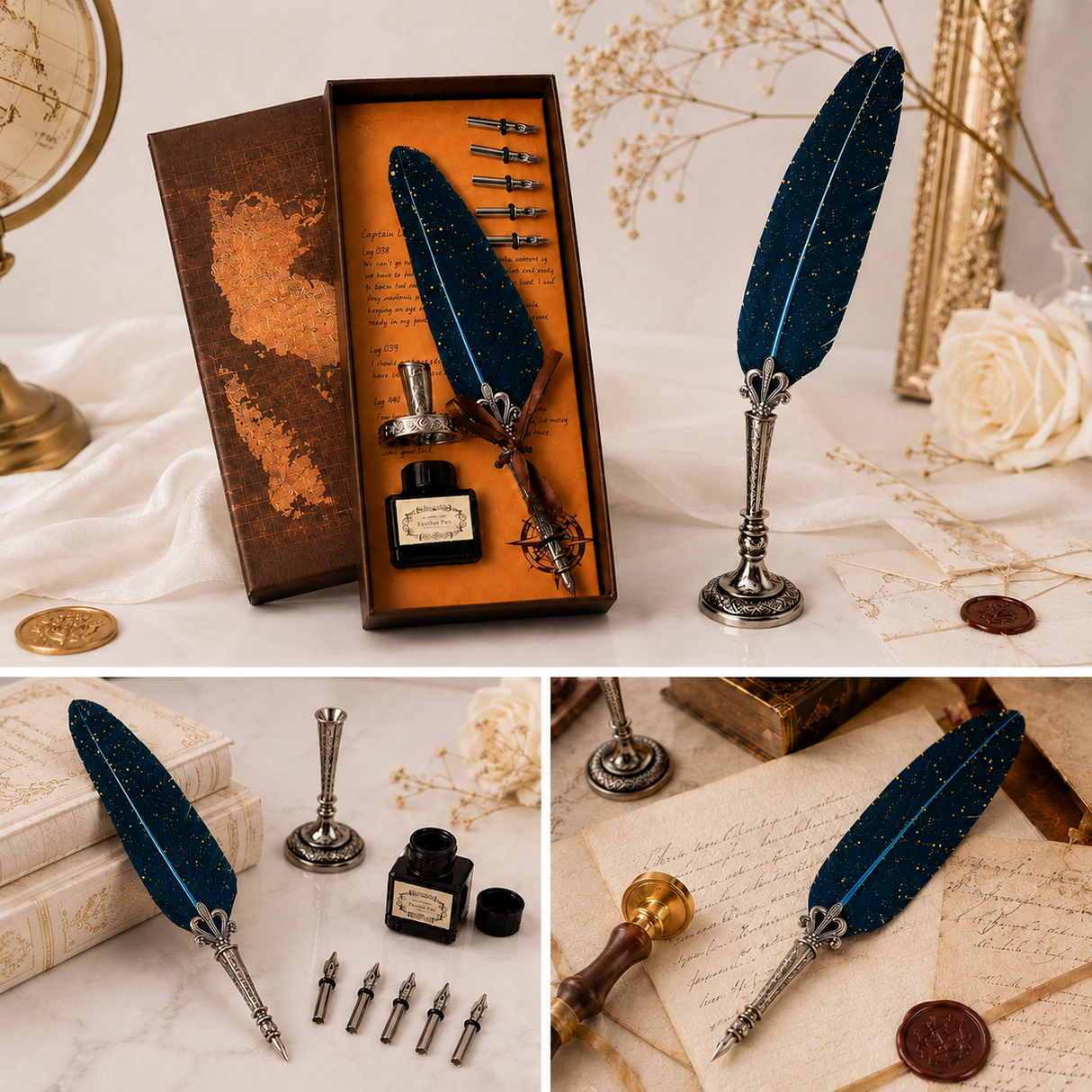 Set Stilou cu Pana Albastra si Calimara – Eleganta Clasica pentru Scris Creativ