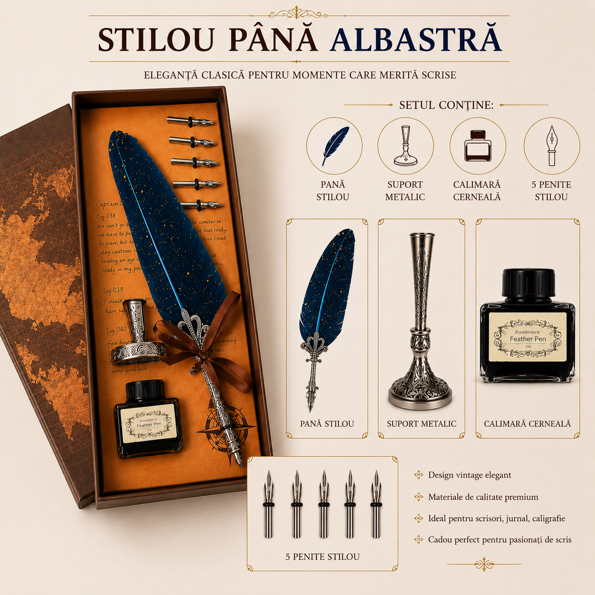 Set Stilou cu Pana Albastra si Calimara – Eleganta Clasica pentru Scris Creativ