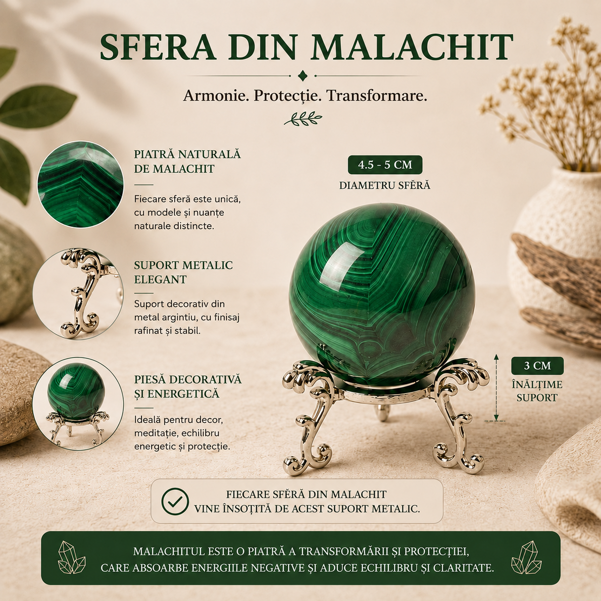 Sfera din Malachit Natural cu Suport Metalic – Protectie, Echilibru si Transformare