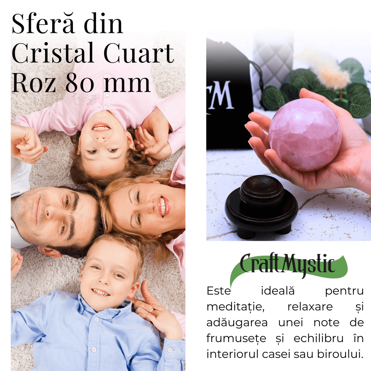 Sfera 80 mm din Cuart Roz Natural cu Suport - Promoveaza Iubirea si Armonia