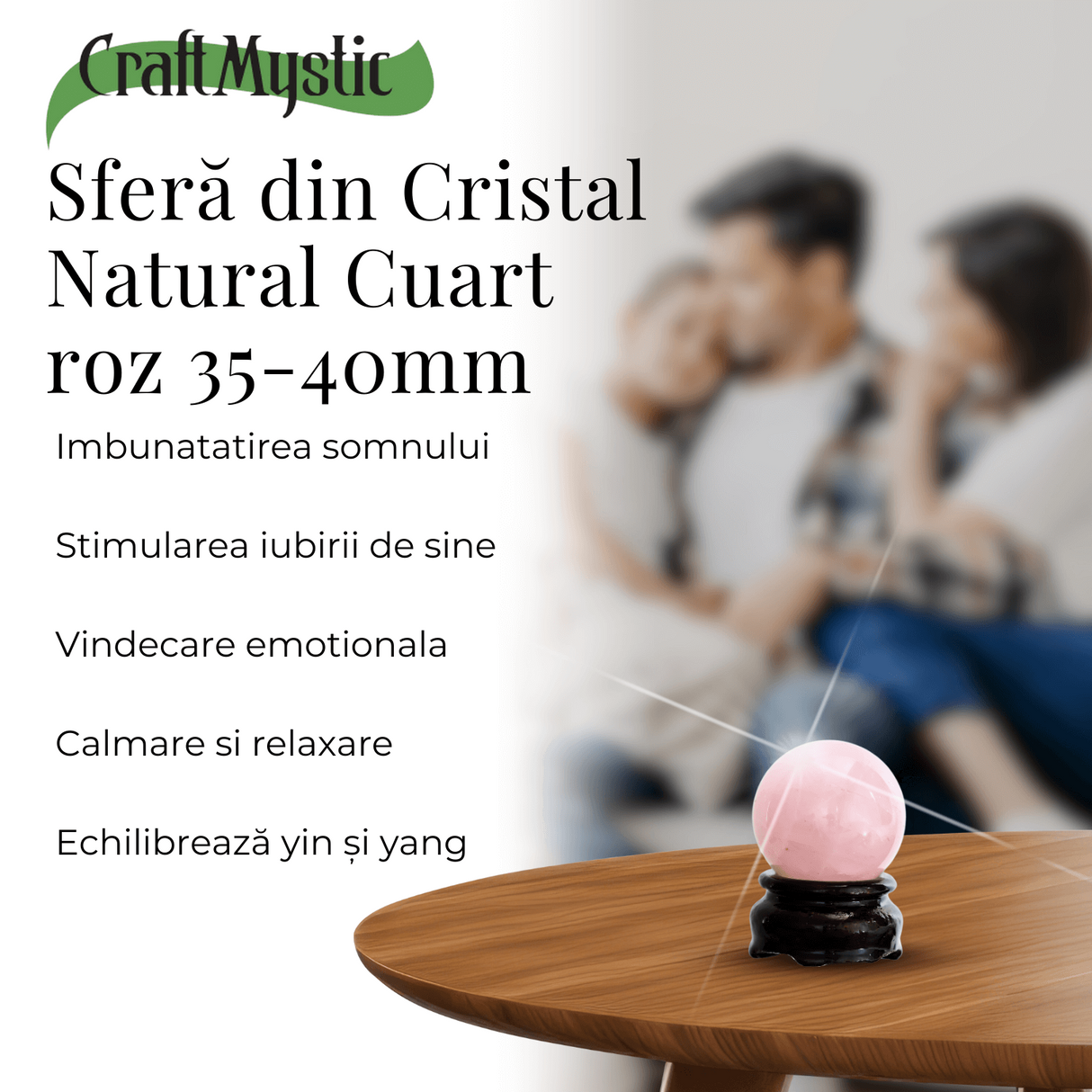 Sfera din Cuart Roz 35-40 mm cu Suport Inclus - Promoveaza Iubirea de Sine si Armonia