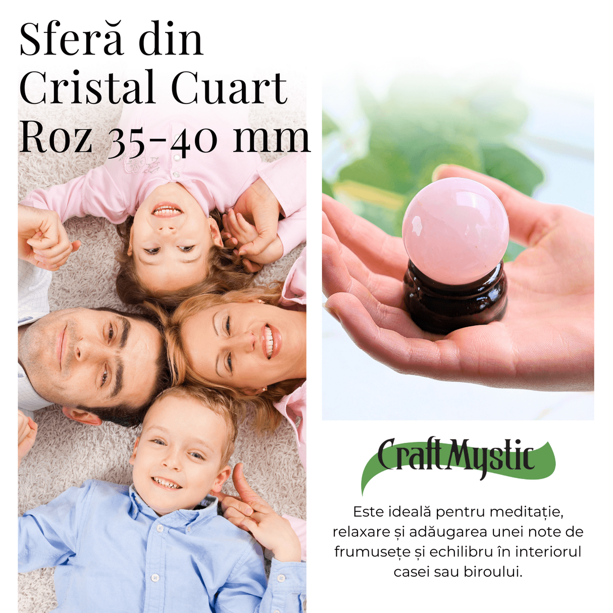 Sfera din Cuart Roz 35-40 mm cu Suport Inclus - Promoveaza Iubirea de Sine si Armonia
