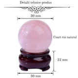 Sfera din Cuart Roz 25-30 mm, minge de cristal decorativa, cu suport de lemn - Pentru decor, meditatie, vindecare