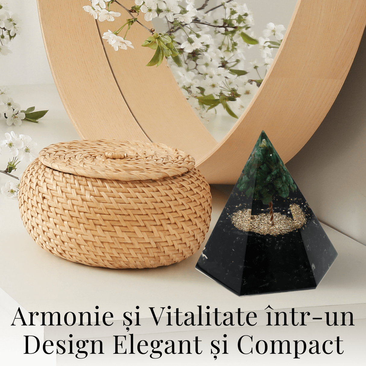 Piramida Orgonica 6 fete 90 mm Nubiana din Turmalina Neagra si Arborele Vietii Jad Verde