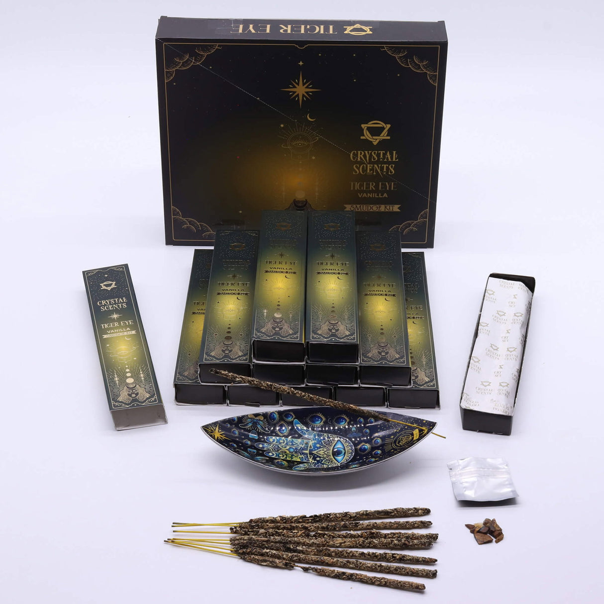 Smudge Kit cu Ochi de Tigru si Betisoare Parfumate cu Aroma de Vanilie - Protectie si Curaj Interior