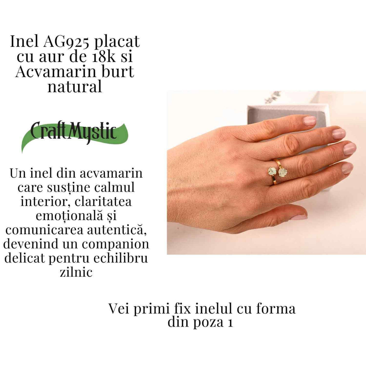 Inel reglabil din argint 925 placat cu aur de 18k cu acvamarin brut care aduce calm, claritate si o prezenta linistitoare