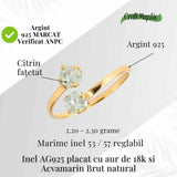 Inel reglabil din argint 925 placat cu aur de 18k cu acvamarin brut care aduce calm, claritate si o prezenta linistitoare