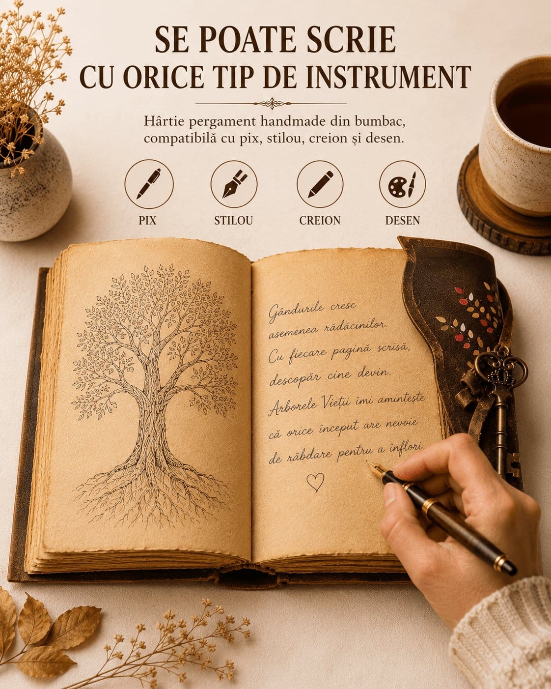 Jurnal Vintage cu Arborele Vietii, inchidere cu cheie si hartie de pergament- Protectie si Crestere