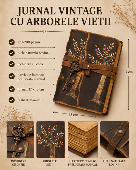 Jurnal Vintage cu Arborele Vietii, inchidere cu cheie si hartie de pergament- Protectie si Crestere