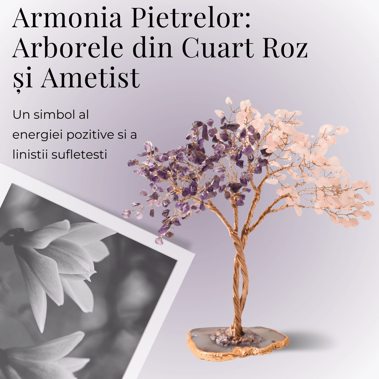 Copacel Decorativ cu Ametist si Cuart Roz pe Baza de Agat - Armonie si Energie - 20 cm, 280 Pietricele
