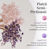 Copacel Decorativ cu Ametist si Cuart Roz pe Baza de Agat - Armonie si Energie - 20 cm, 280 Pietricele