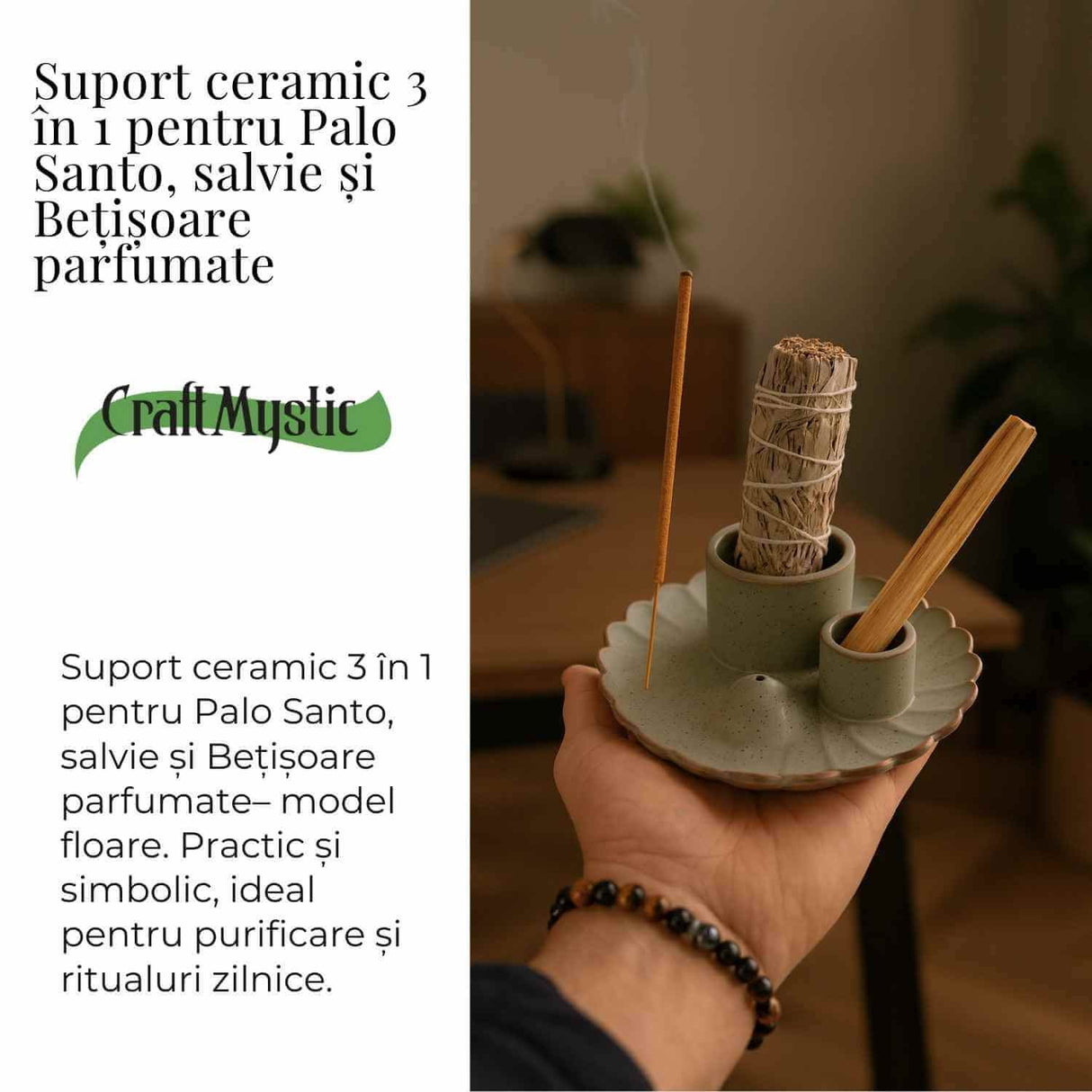 Suport ceramic 3 in 1 pentru salvie, Palo Santo si betisoare parfumate - model rotund