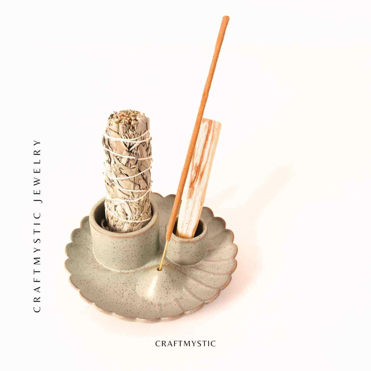 Suport ceramic 3 in 1 pentru salvie, Palo Santo si betisoare parfumate - model rotund