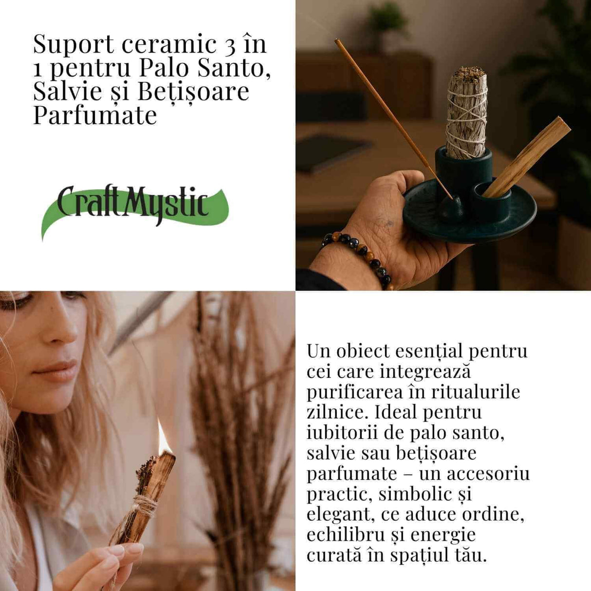 Suport ceramic 3 in 1 pentru salvie, Palo Santo si betisoare parfumate – model rotund