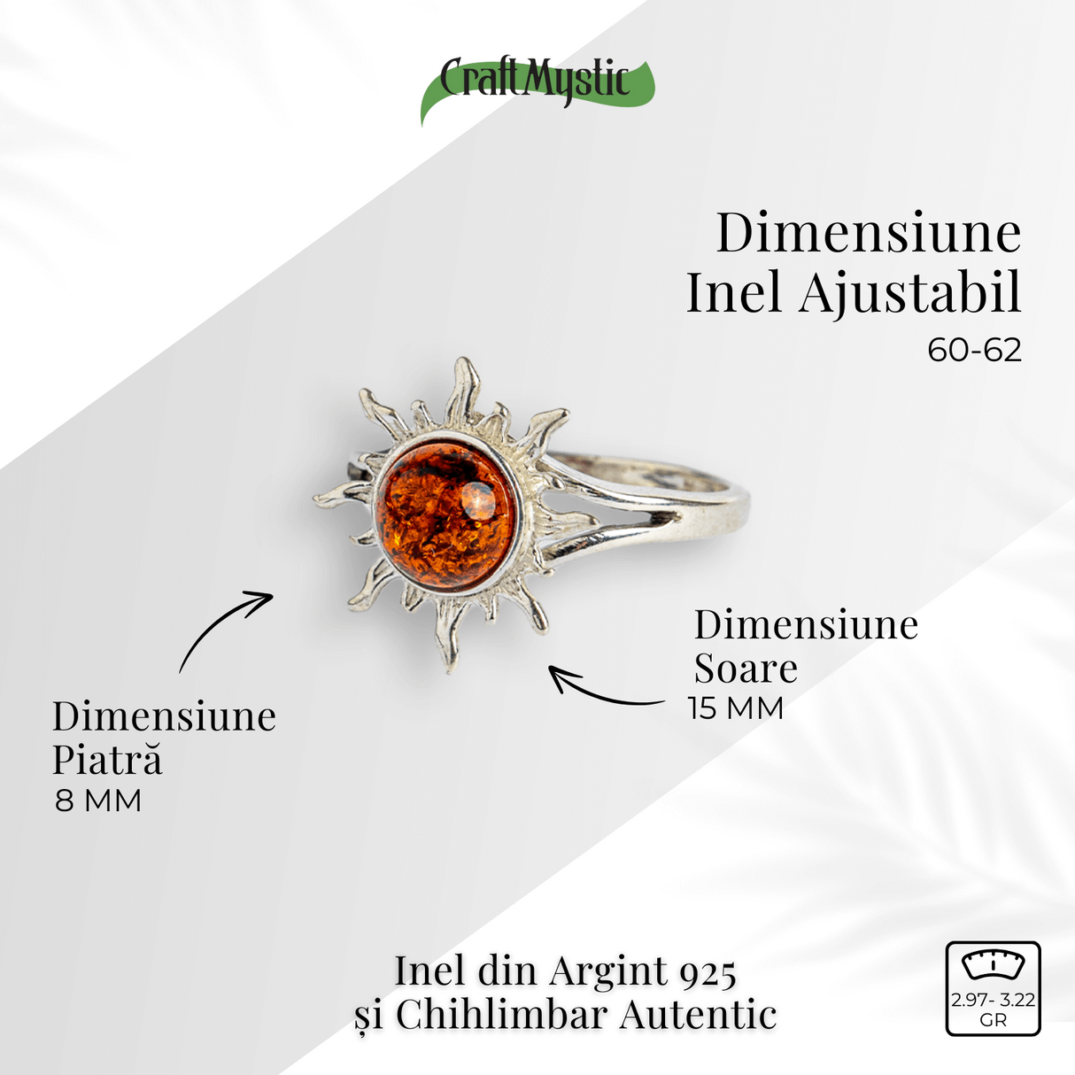 Inel Soare cu chihlimbar si montura argint 925 - Lumina si caldura la degetul tau