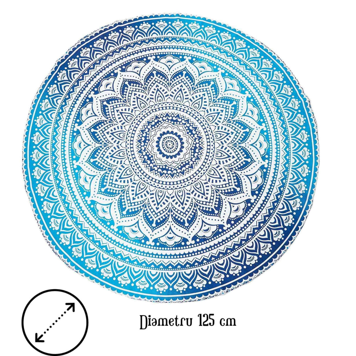 Panza Rotunda 125 cm pentru Plaja cu Model Mandala, Realizata Manual - Covor Indian din Bumbac pentru Decor Boho/Masa/Exercitii de Yoga si Picnic