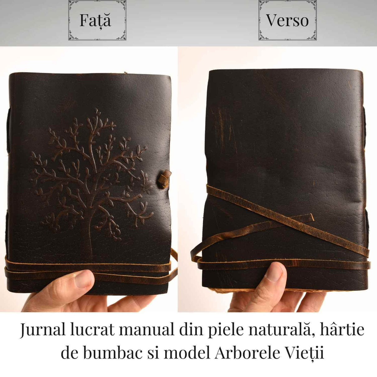 Jurnal piele naturala cu Arborele Vietii si hartie de bumbac alba – Creativitate si conexiune spirituala
