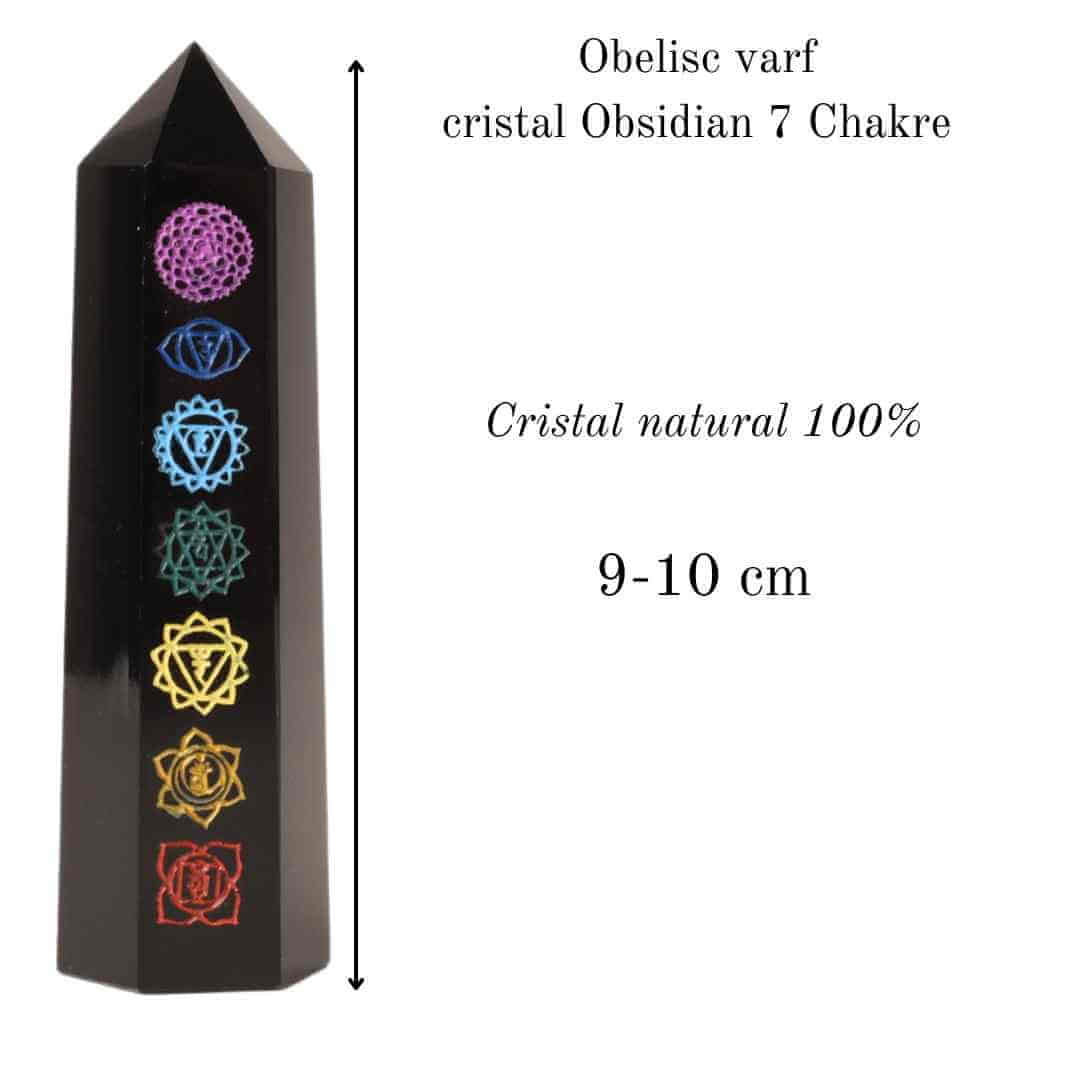 Turn de cristal din Obsidian Negru 9-10 cm cu cele 7 Chakre - Bagheta hexagonala pentru vindecare, reiki si decor pentru casa si birou
