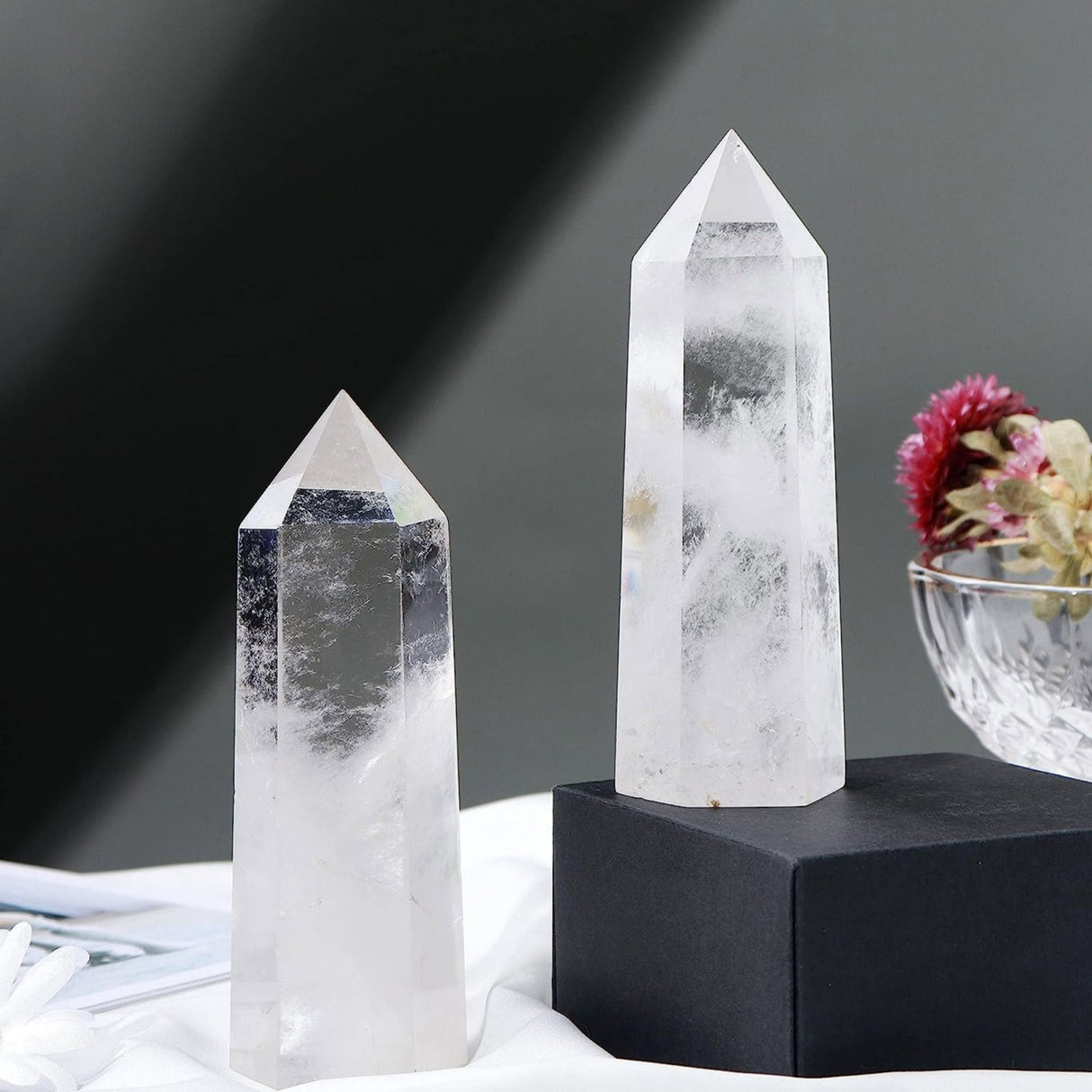 Healing semi-precious crystal tower, hexagonal transparent Quartz - Obelisk, 10 cm high