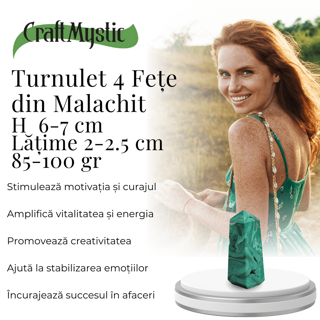 Turnulet 4 fete din Malachit H = 6-7 cm latime 2-2.5 cm 85-100 gr - Concentrare Energetica si Protectie