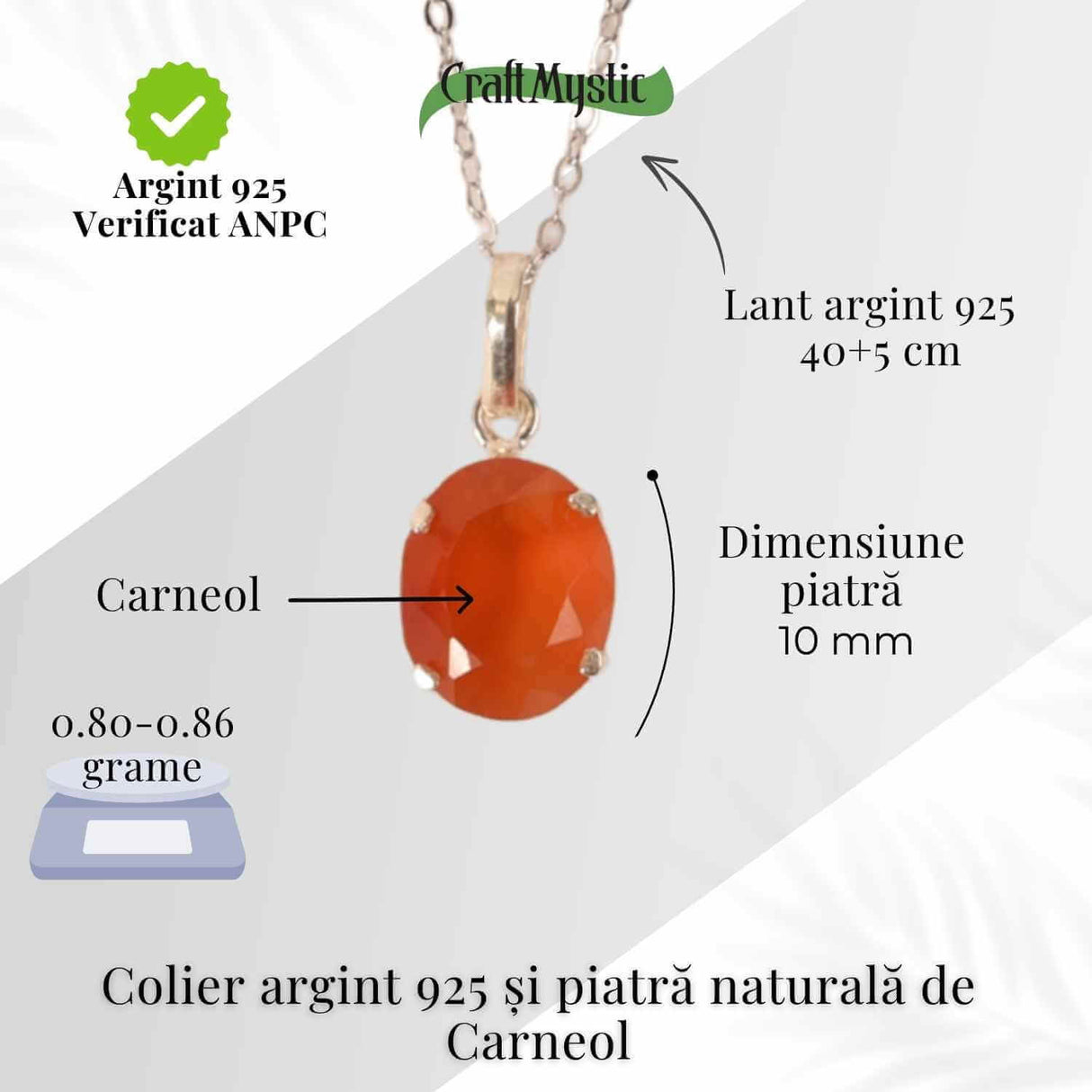 Colier Argint 925 cu Carneol Oval fatetat- Energie, Curaj si Vitalitate