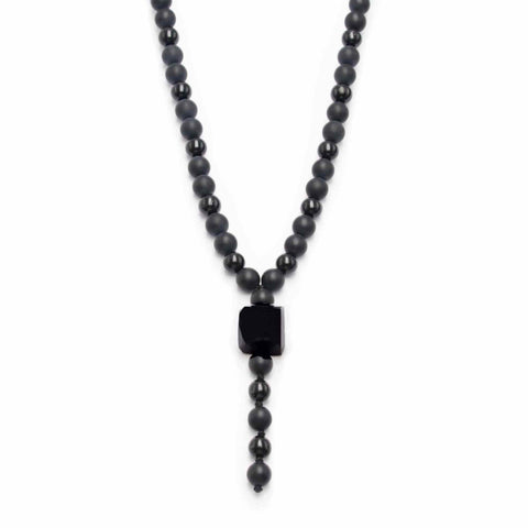 Black Obsidian and Onyx Beaded Necklace, Y-shaped, with Raw Obsidian Stone and Onyx Crystal Beads for Prayer, Healing, and Reiki Energy